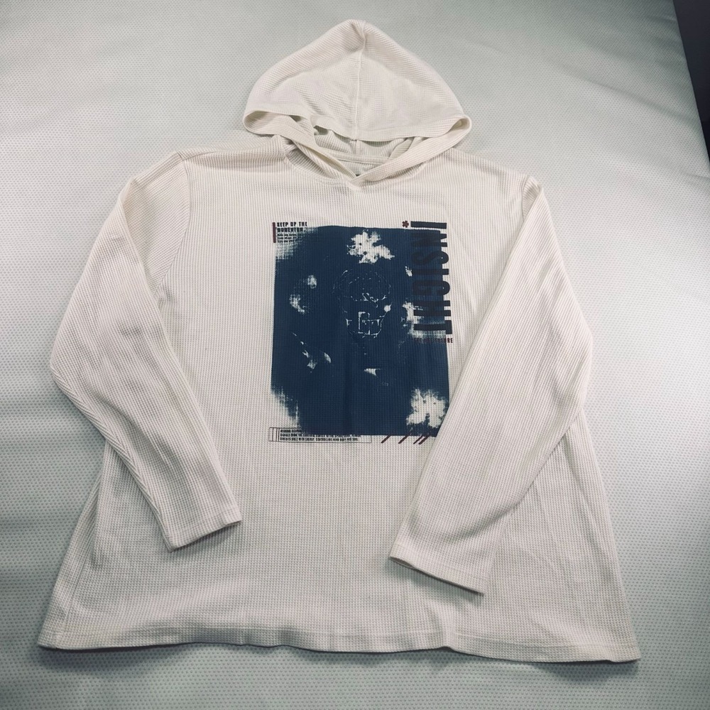 4th Dimension Mens Graphic Hoodie White XL Waffle Knit Long Sleeve‎ Cotton Blend